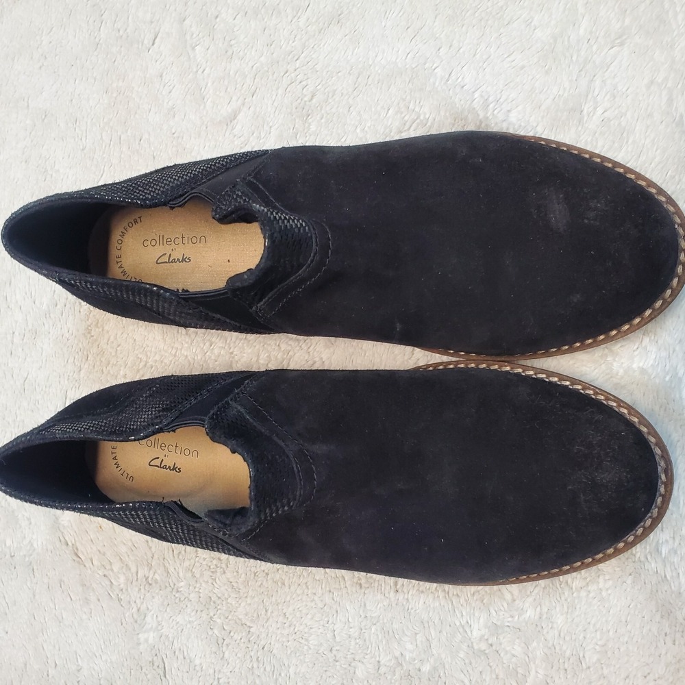 Clarks Black Suede Leather Short Ankle Boots 10 Classic Capsule Basic Minimalist - Picture 4 of 9
